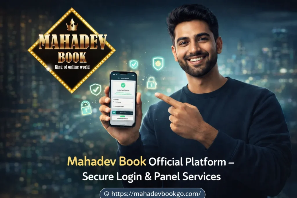 Mahadev Book official platform secure login shown on smartphone by Indian professional model