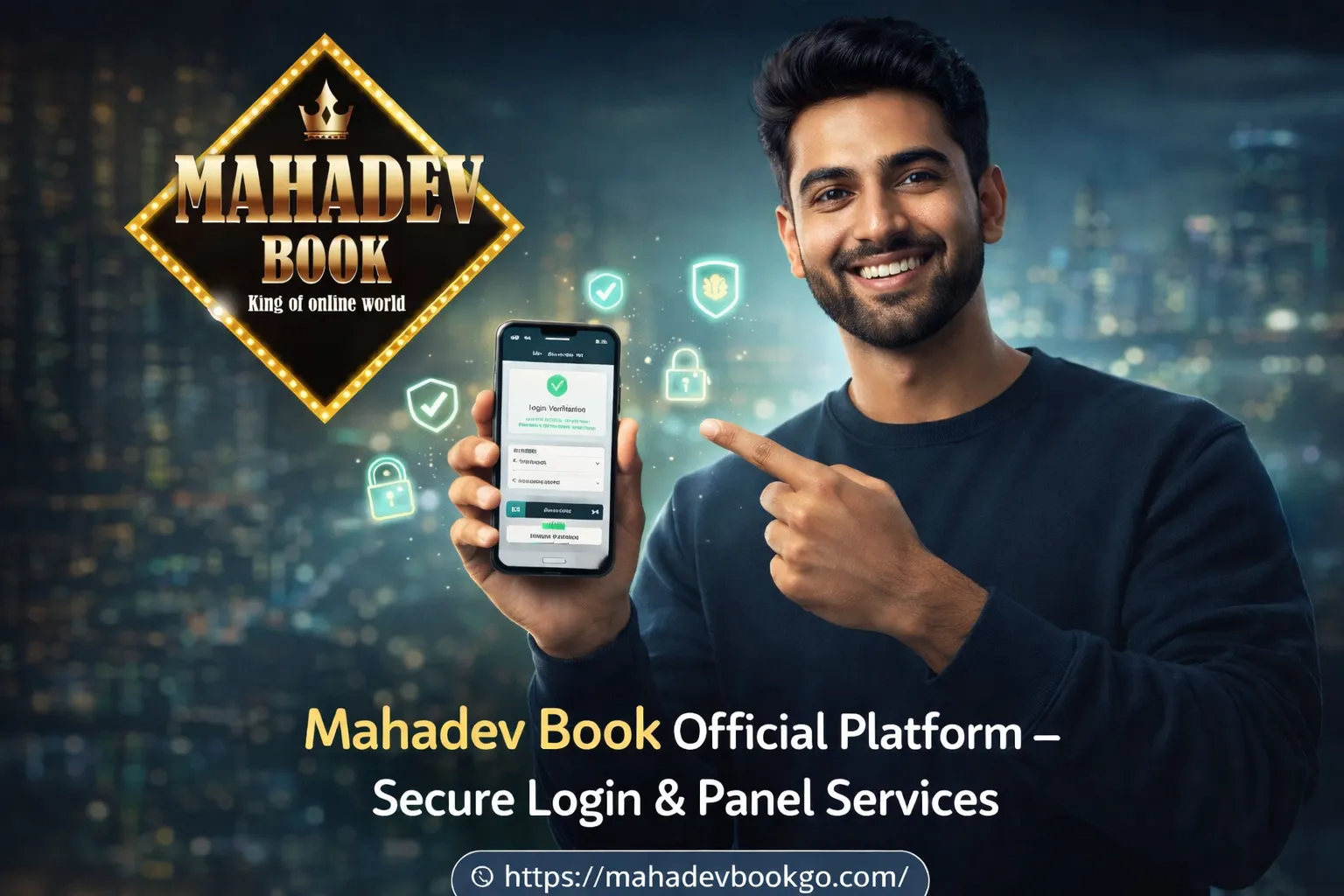 Mahadev Book official platform secure login shown on smartphone by Indian professional model